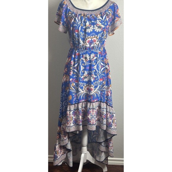 Kiki Larue Vibrant Short Sleeve Hi Lo Ruffle Dress Size Medium - Picture 1 of 11